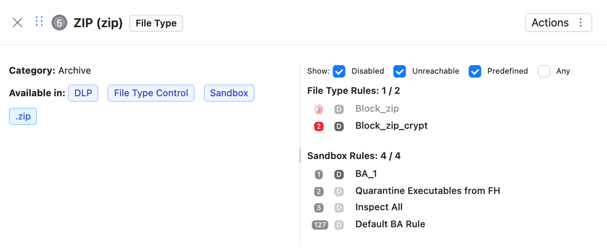 A file type in ZHERO: ZIP with its extension, the products it is available in, and the File Type Control and Sandbox rules that use it, with an unreachable rule shown faded